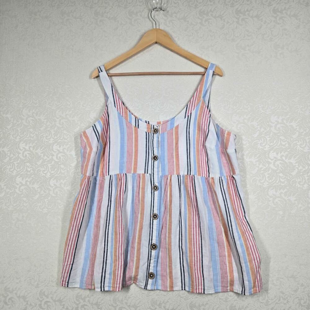 Terra & Sky Striped Linen Blend Babydoll Tank Top 1X Peplum Cami Coastal Boho